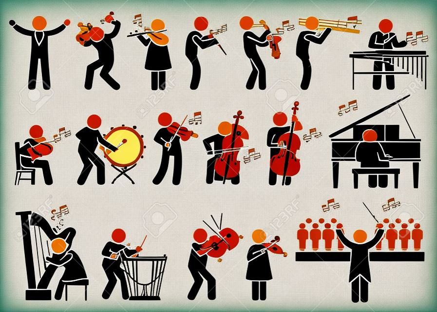 I musicisti dell'orchestra sinfonica con gli strumenti musicali Stick Figure pittogrammi Icone