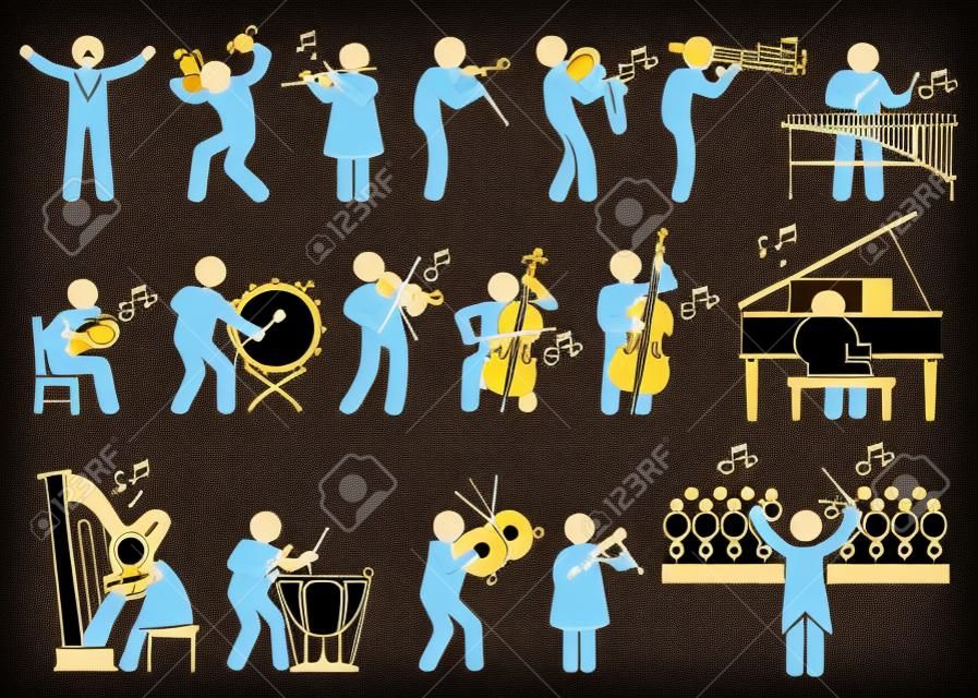 Orquestra Sinfonia Músicos com Instrumentos Musicais Stick Figure Pictograma cones