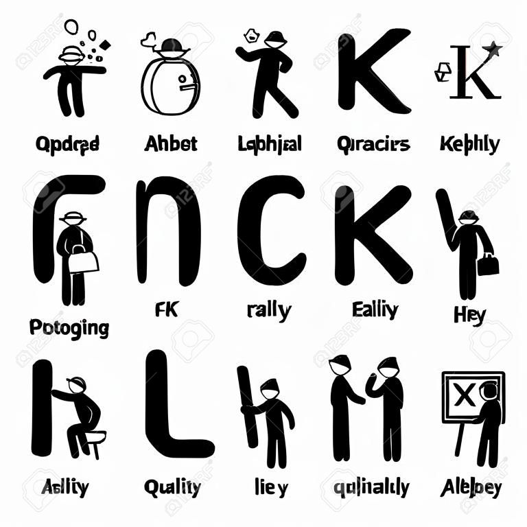 Positive Negative Neutral Personalities Character Traits. Stick Figures Man Icons. Starting with the Alphabet K.