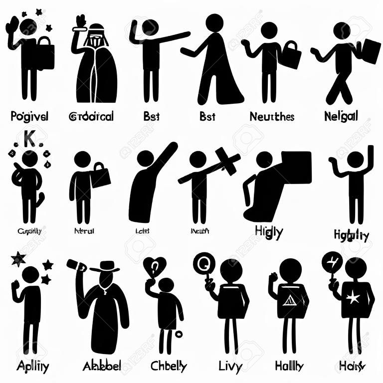 Positieve Negatieve Neutrale Persoonlijkheden Karaktereigenschappen. Stick Figures Man Icons. Te beginnen met het Alfabet K.