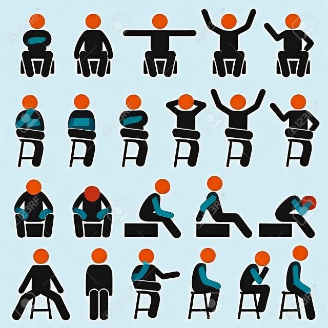 Zittend op stoel bezeten houdingen mens mensen stick figuur Stickman Pictogram pictogrammen