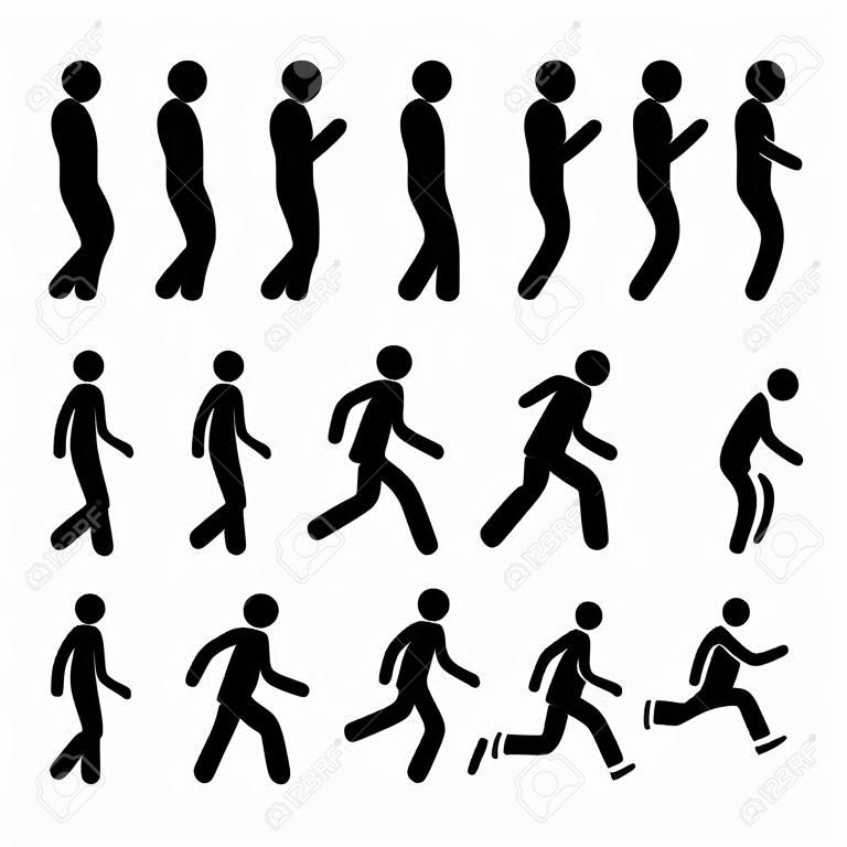 Különböző emberi ember emberek séta futás Runner ászanák testhelyzetek Ways pálcikaember Stickman Piktogram ikonok
