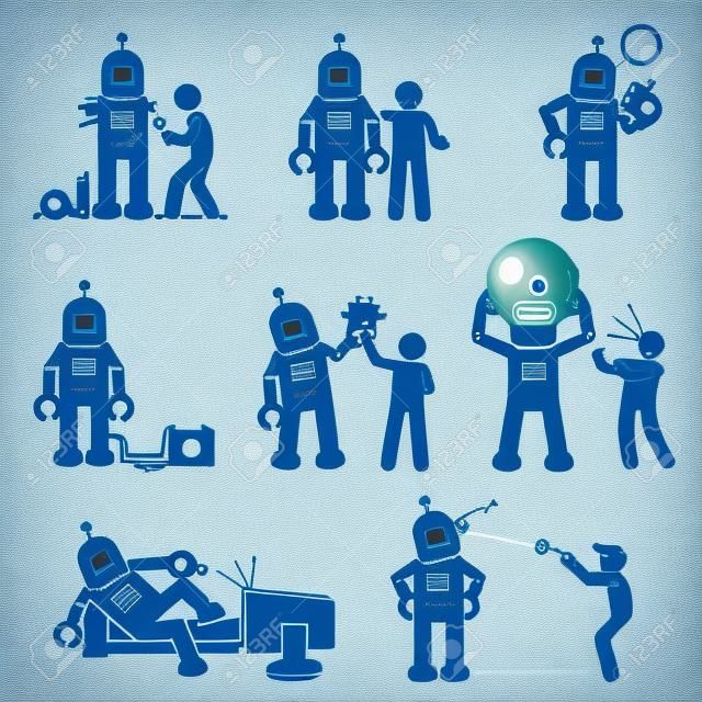 Robot en mens. Cliparts toont een man gemaakt een robot. De robot wordt zijn vriend, het leren van nieuwe dingen, en helpt de mens om werk te doen.