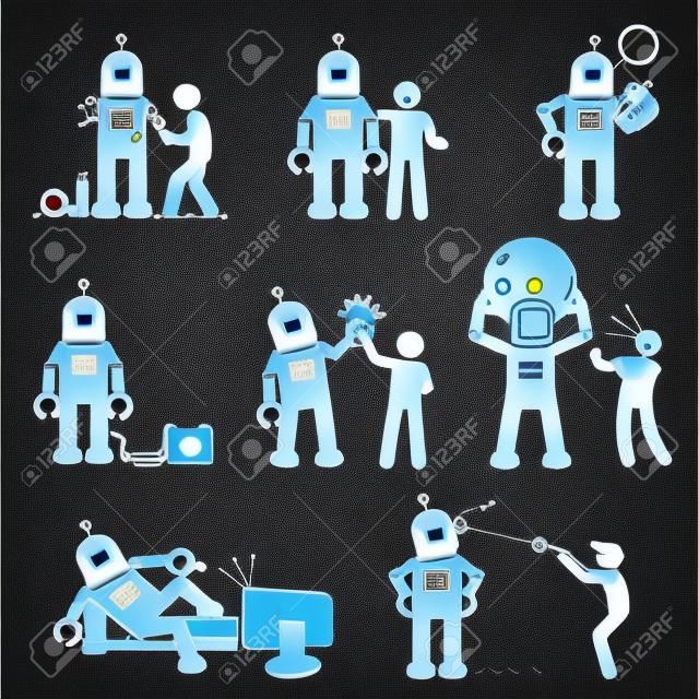 Robot y Humanos. Cliparts representa a un hombre creado un robot. El robot se convierte en su amigo, aprendiendo cosas nuevas y ayuda al ser humano a trabajar.