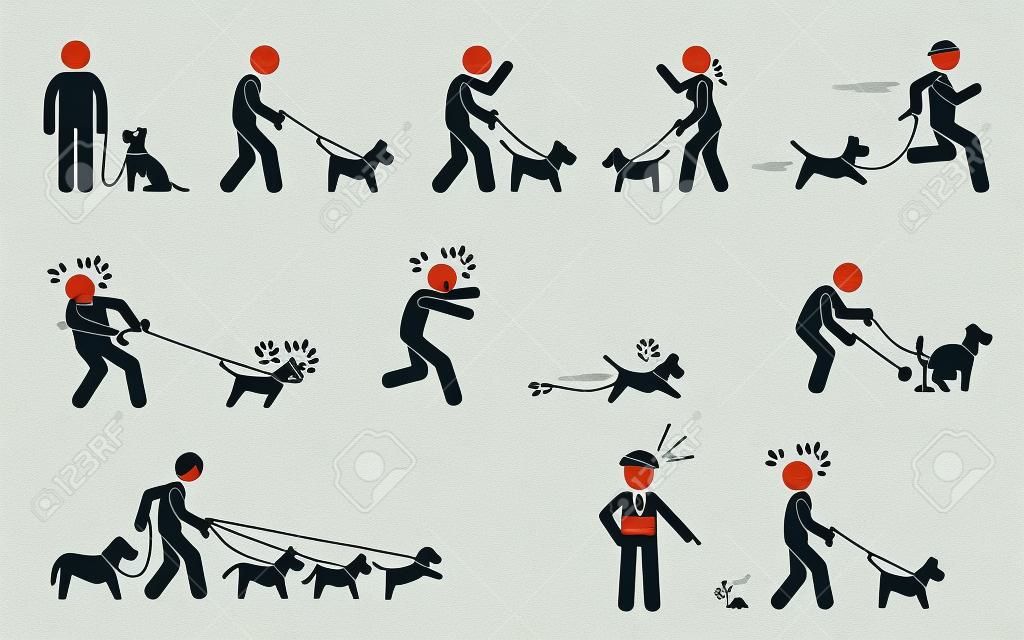 Figuras de pau retratam pessoas andando cães de estimação em uma coleira em várias situações.