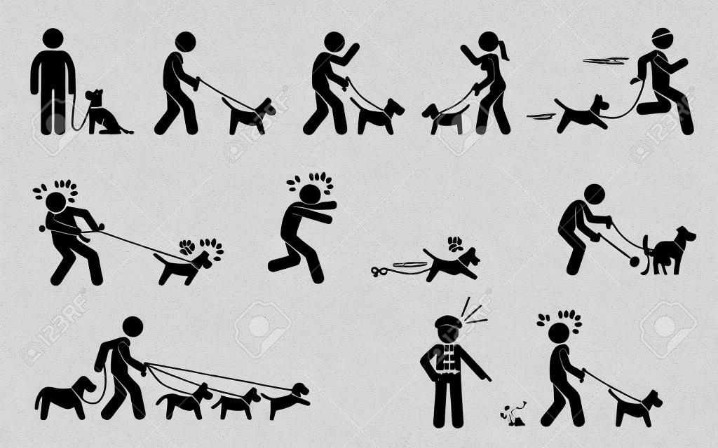 Figuras de pau retratam pessoas andando cães de estimação em uma coleira em várias situações.