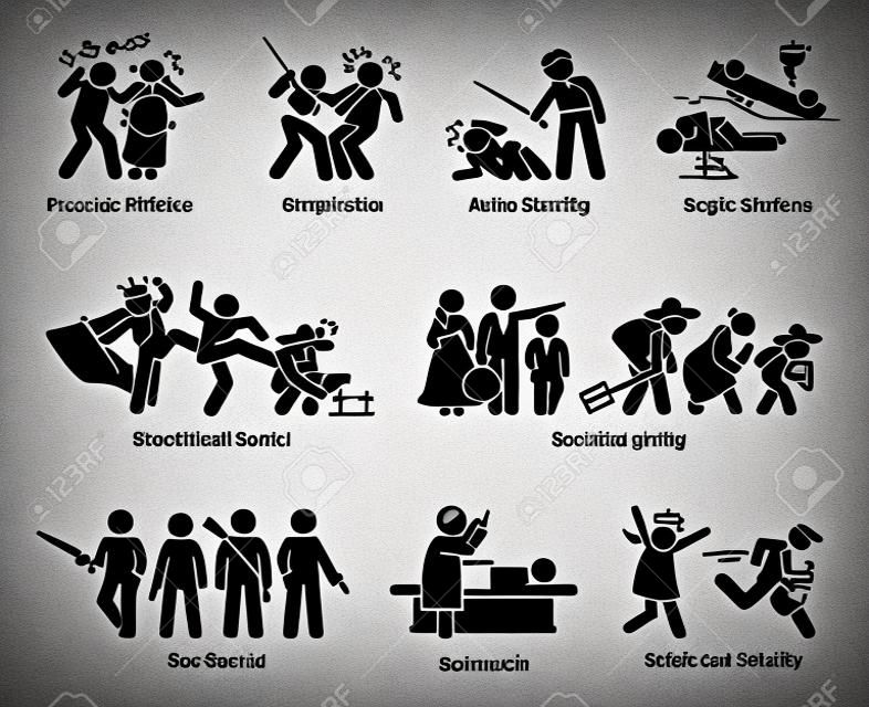 사회 문제 및 중요 문제 스틱 그림 픽토그램 아이콘. 삽화는 가정 폭력, 갱, 경찰 폭력, 사회적 불평등, 총 통제, 안락사, 안전 및 보안을 묘사합니다.