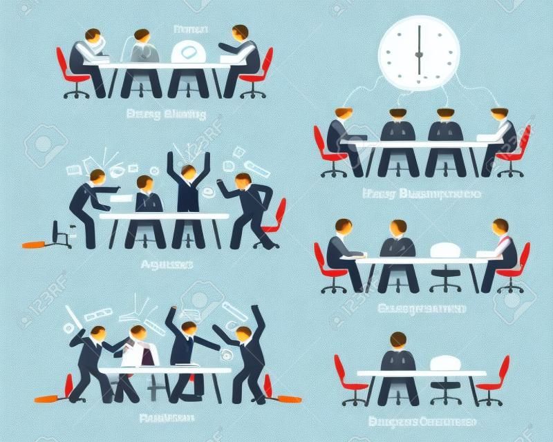 Führungskräfte mit ineffektiven und ineffizienten Besprechungen und Diskussionen. Die Geschäftsleute haben ein langweiliges Treffen, unordentliche Kommunikation, Streit und einen Kampf. Der Geschäftspartner kommt auch zu spät zum Treffen.
