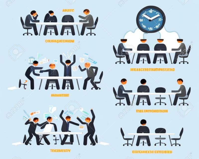 Executives having ineffective and inefficient meeting and discussion. The businessmen have a boring meeting, messy communication, argument, and a fight. Business partner is also late for the meeting.