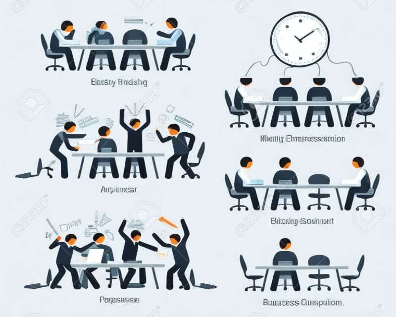 Kierownictwo ma nieefektywne i nieefektywne spotkania i dyskusje. Biznesmeni mają nudne spotkanie, chaotyczną komunikację, kłótnię i walkę. Partner biznesowy również spóźnia się na spotkanie.