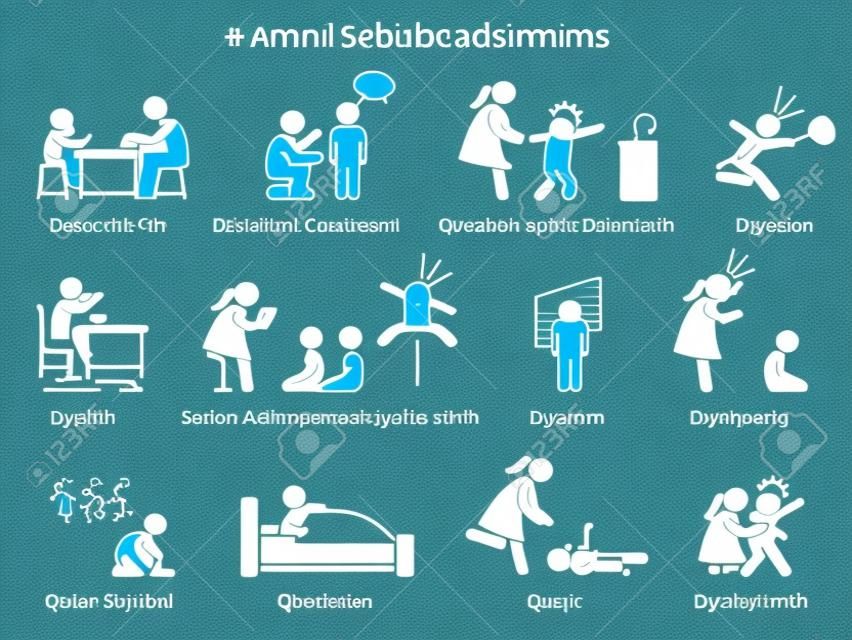 Kinder-Autismus-Spektrum-Störung ASD Icons. Piktogramme zeigen Anzeichen und Symptome von Autismus bei einem Kind wie Lernschwäche, ADHS, Zwangsstörung, Depression, Dyspraxie, Epilepsie und Hyperaktivität.