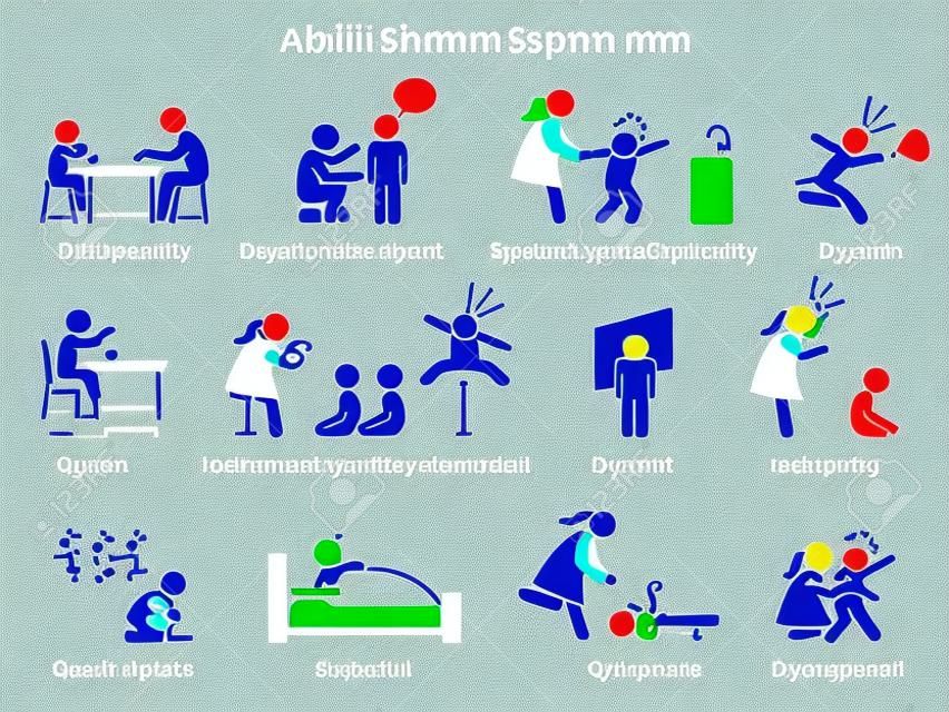 Icone di ASD di disturbo di spettro di autismo dei bambini. I pittogrammi raffigurano segni e sintomi di autismo su un bambino come difficoltà di apprendimento, ADHD, disturbo ossessivo-compulsivo, depressione, dispraxia, epilessia e iperattività.