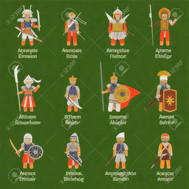 Ancient warriors around the world. Illustrations depict ancient soldiers, military, fighters, outfit, wear, weapon, and armors of different dynasty and empires throughout the history.