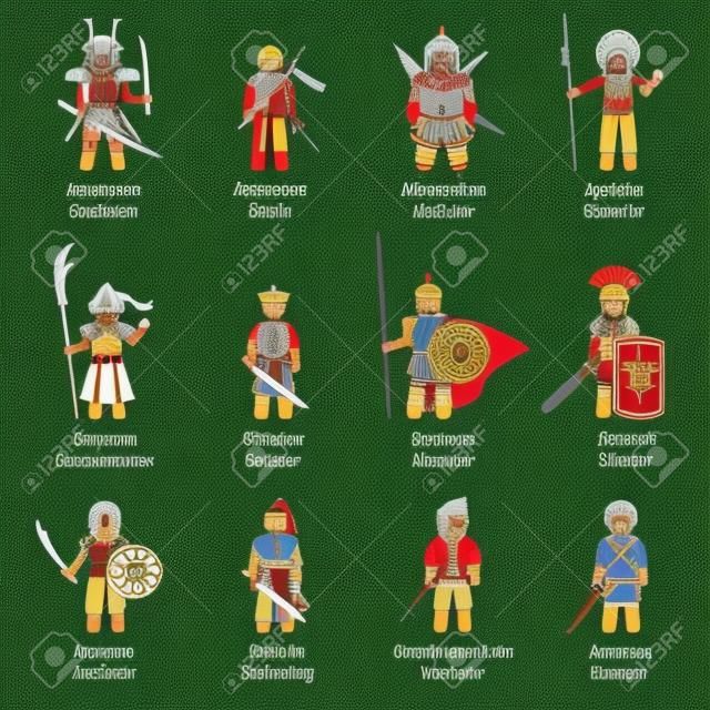 Antichi guerrieri in tutto il mondo. Le illustrazioni raffigurano antichi soldati, militari, combattenti, abiti, abiti, armi e armature di diverse dinastia e imperi nel corso della storia.