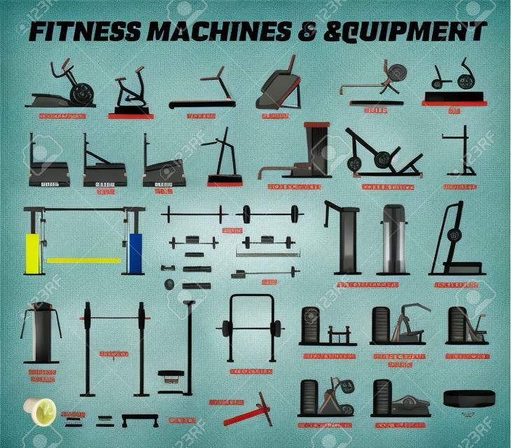 Fitness, cardio, and muscle building machines, equipments set at gym. Artworks depict a list of exercise workout tools, machines, and equipments in the gym room.