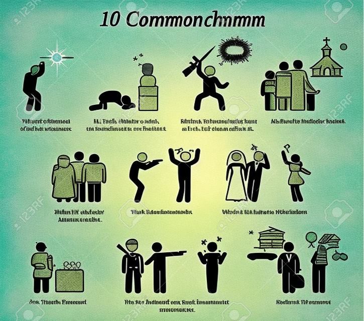Le icone e il pittogramma dei 10 comandamenti. L'illustrazione raffigura l'insegnamento dei dieci comandamenti, le credenze e il valore morale della religione cristiana di Dio.