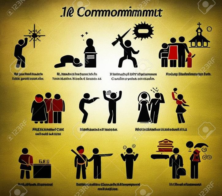 Le icone e il pittogramma dei 10 comandamenti. L'illustrazione raffigura l'insegnamento dei dieci comandamenti, le credenze e il valore morale della religione cristiana di Dio.