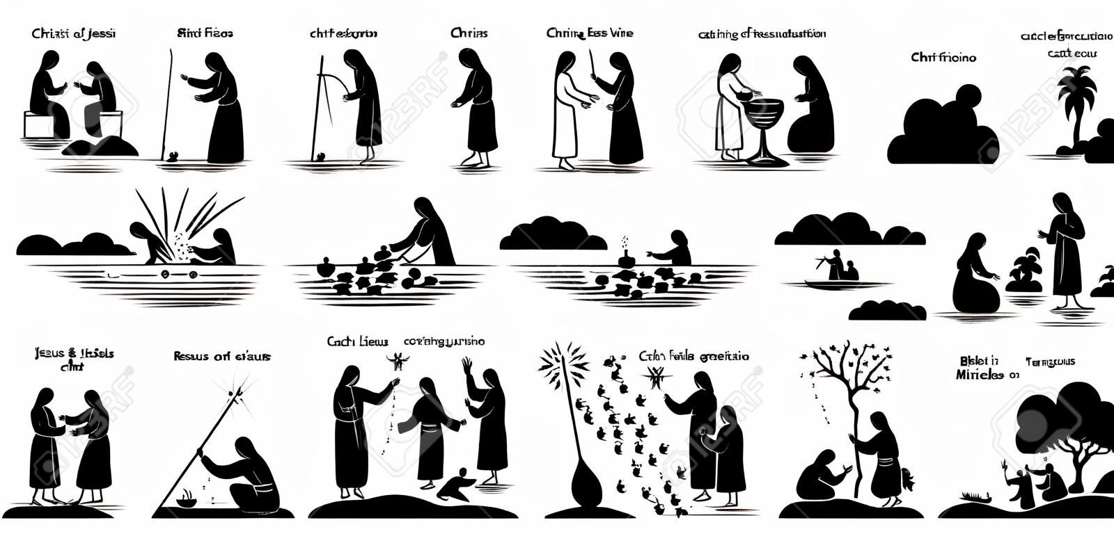 Wonderen van Jezus Christus pictogrammen pictogram. Stick figuur van Jezus Christus genezend blind, vrouw, het veranderen van water in wijn, uitdrijving, opstanding, vangen vis, lopen op water, voeden, en transfiguratie.