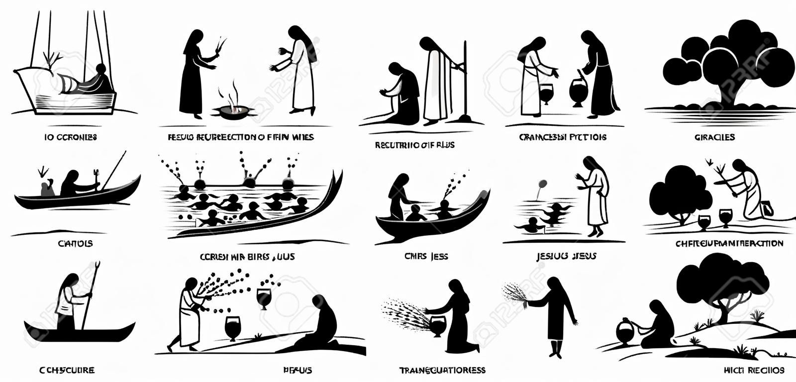 Miracles of Jesus Christ icons pictogram. Stick figure of Jesus Christ curing blind, woman, turning water to wine, exorcism, resurrection, catch fish, walking on water, feeding, and transfiguration.