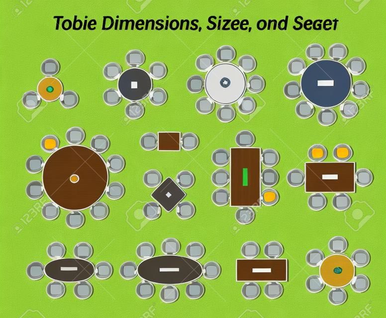 Dimensions, tailles et sièges des tables rondes, ovales et rectangulaires. Les icônes de pictogramme représentent la vue de dessus et le nombre de places assises dans différents types de conception et de tailles de table.