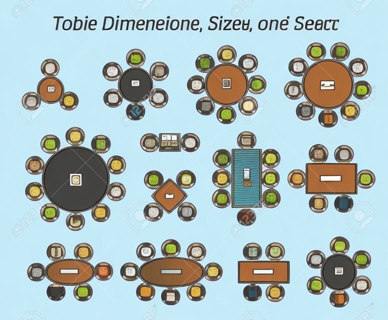 Dimensioni, dimensioni e posti a sedere del tavolo rotondo, ovale e rettangolare. Le icone dei pittogrammi rappresentano la vista dall'alto e il numero di posti a sedere in diversi tipi di design e dimensioni del tavolo.