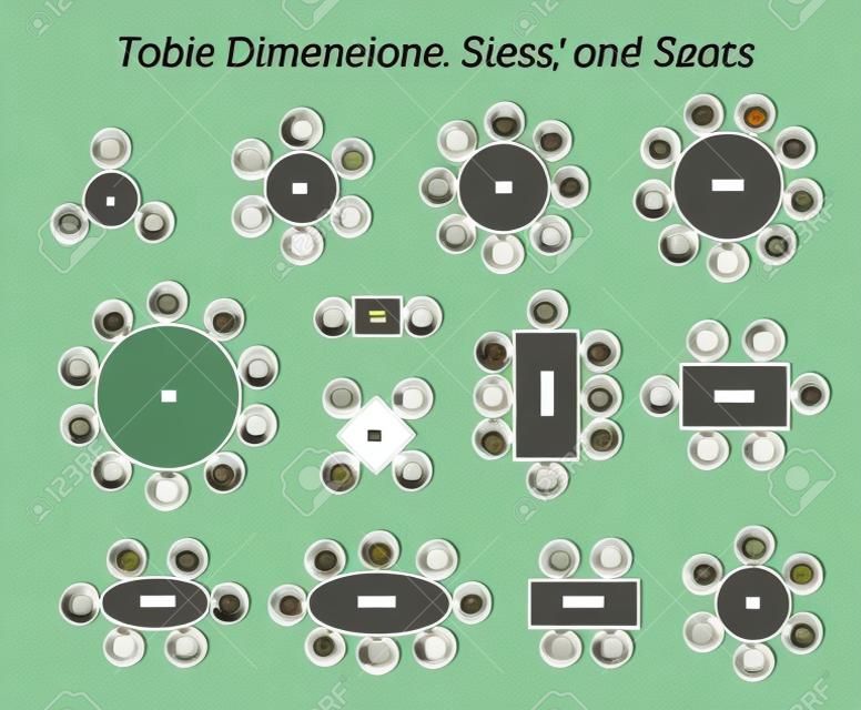 Dimensioni, dimensioni e posti a sedere del tavolo rotondo, ovale e rettangolare. Le icone dei pittogrammi rappresentano la vista dall'alto e il numero di posti a sedere in diversi tipi di design e dimensioni del tavolo.