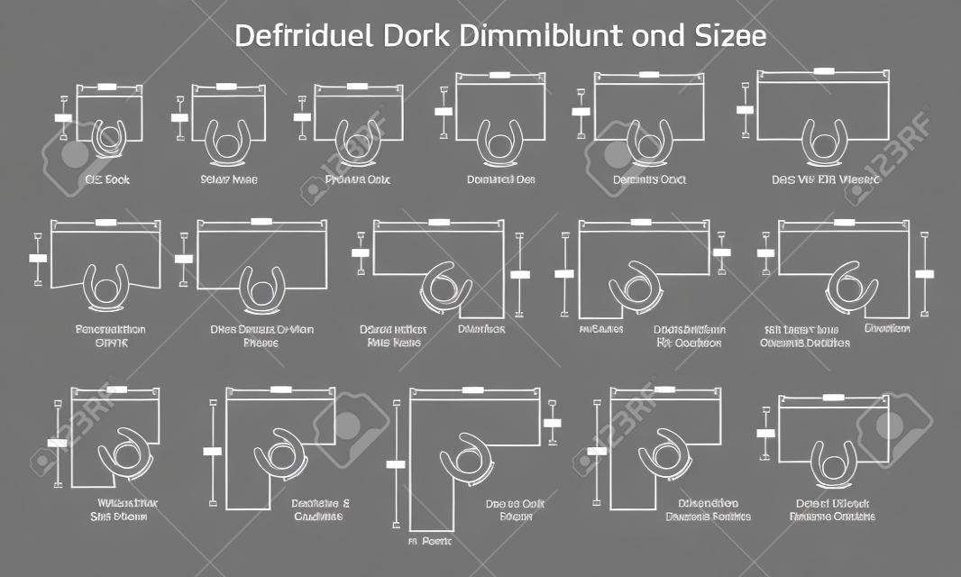 Different individual desktop table dimensions and sizes. Stick figure pictogram icon depict the top view of desk dimensions, shapes, and designs for workstation and workplace.