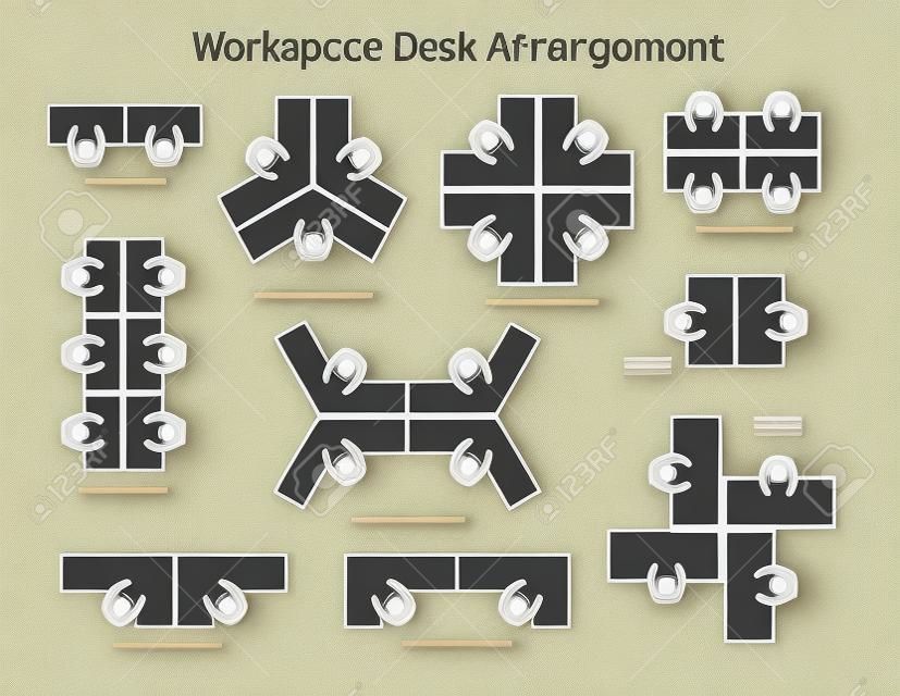 Workspace desk arrangement in office and company. Pictogram icons depict the top view of table arrangement and seatings for office employees, staffs, and workers.