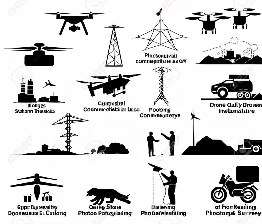Drone usage and applications for commercial and industrial work. Vector icons of drones uses on shipping, delivery, mapping, infrastructure, construction, weather, agricultural, and land survey.