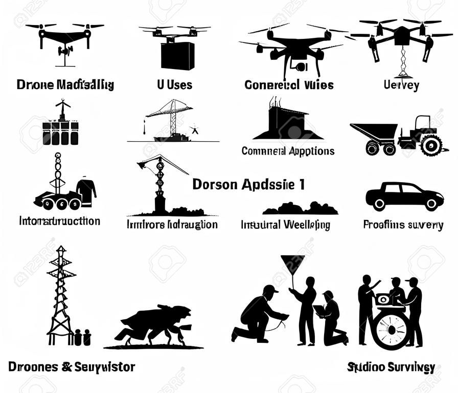 Utilizzo e applicazioni dei droni per lavori commerciali e industriali. Icone vettoriali di droni utilizzati su spedizione, consegna, mappatura, infrastrutture, edilizia, meteo, agricoltura e rilevamento del territorio.