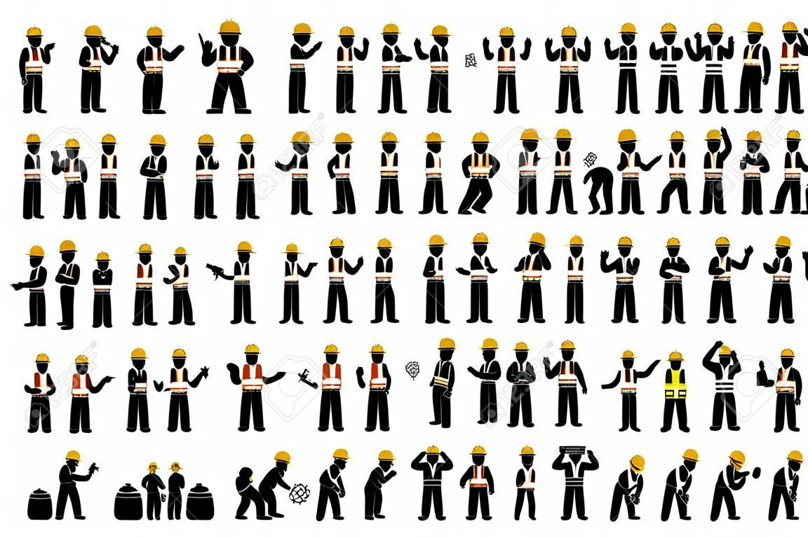 Industrial workers feelings, emotions, and actions icons set. Illustrations of construction worker with hard hat and safety vest.