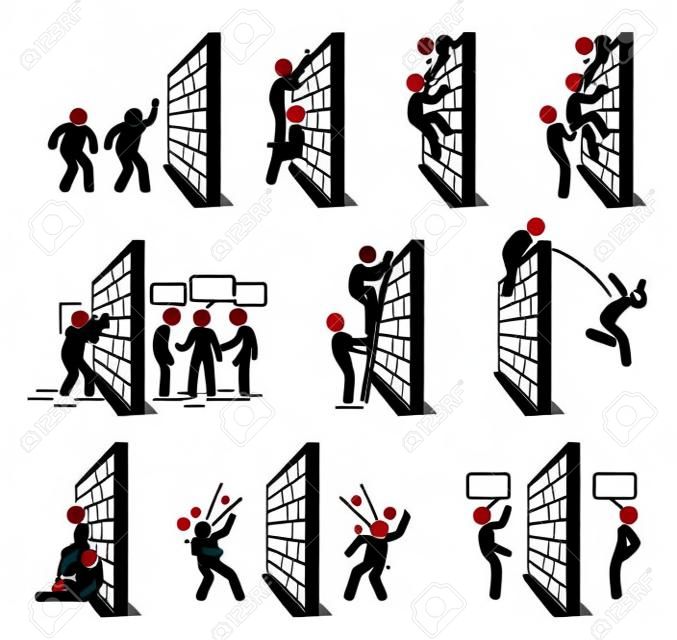 Mensen met een muur stok figuren pictogram pictogrammen. Vector illustratie van mensen klimmen over een muur, en staan aan de andere kant van de muur.