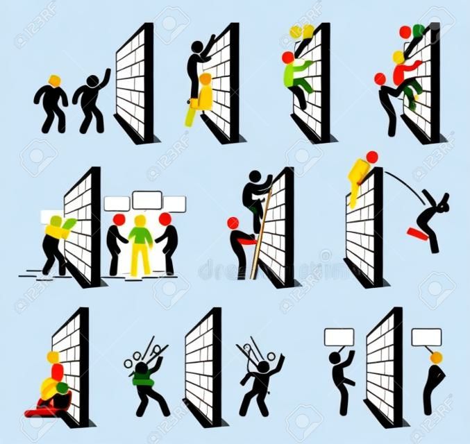 벽 막대기를 가진 사람들은 픽토그램 아이콘을 나타냅니다. 벽을 넘어 벽의 반대편에 서 있는 사람들의 벡터 그림.