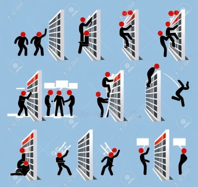 Las personas con un palo de pared representan iconos de pictogramas. Ilustración vectorial de personas escalando una pared y de pie al otro lado de la pared.