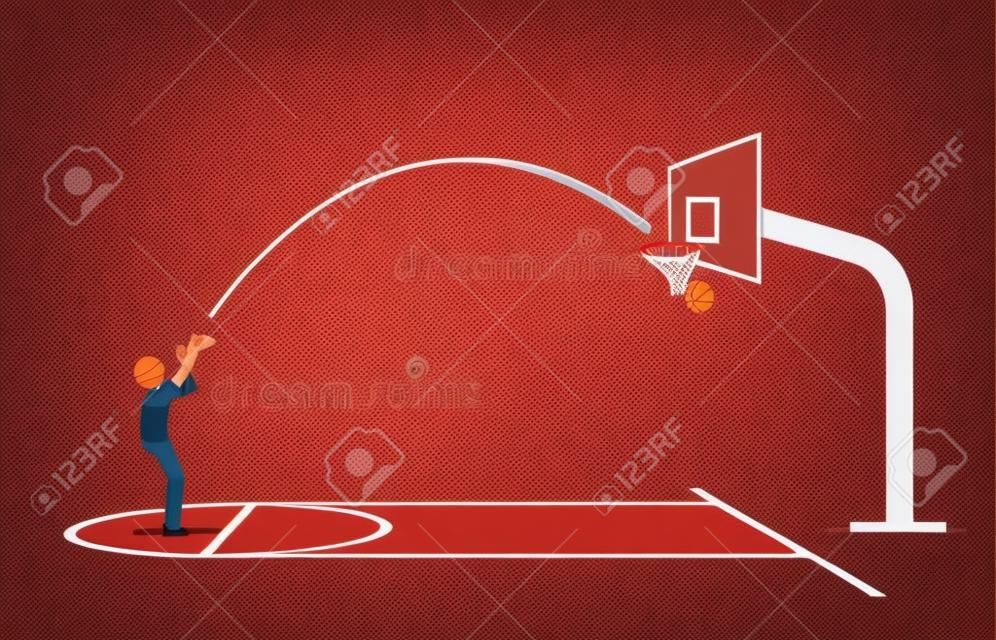 Man schieten een basketbal in een hoepel en scoren van gratis gooien lijn. Vector illustratie concept van nauwkeurige, nauwkeurige, vaardige, objectieve, en praktijk maakt perfect.