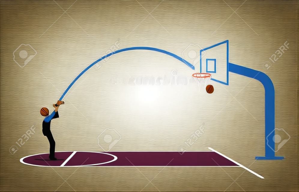 Man schieten een basketbal in een hoepel en scoren van gratis gooien lijn. Vector illustratie concept van nauwkeurige, nauwkeurige, vaardige, objectieve, en praktijk maakt perfect.
