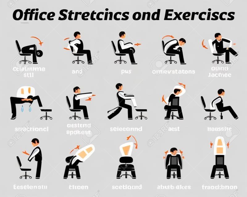 Working office stretches and exercises to relax tension muscle. Vector illustrations depict techniques and postures of a man stretching with an office chair at workplace.