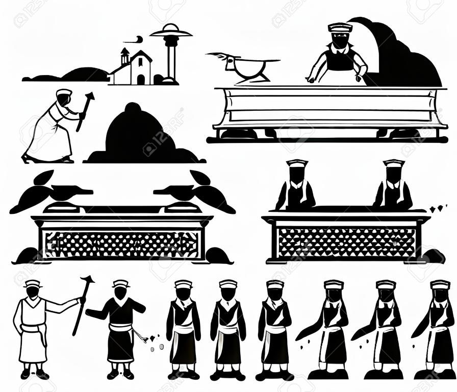 Ark van het Verbond bouw en christelijke hogepriester pictogram en iconen. Vector illustraties van de Ark van het Verbond uit Hebreeuwse Bijbel met mensen bouwen en dragen.