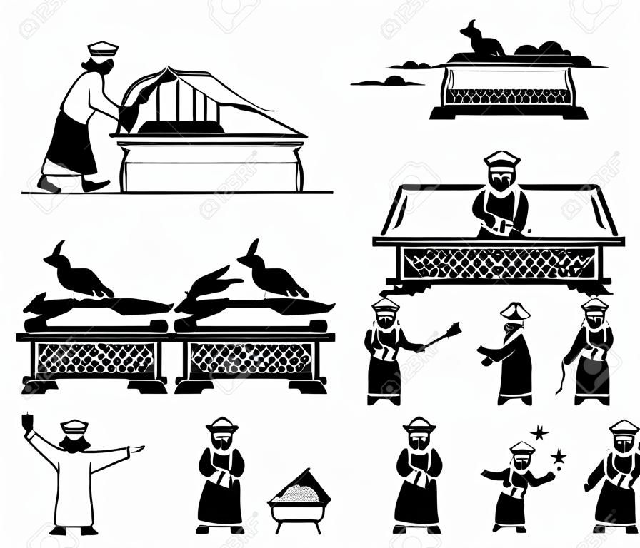 Ark van het Verbond bouw en christelijke hogepriester pictogram en iconen. Vector illustraties van de Ark van het Verbond uit Hebreeuwse Bijbel met mensen bouwen en dragen.
