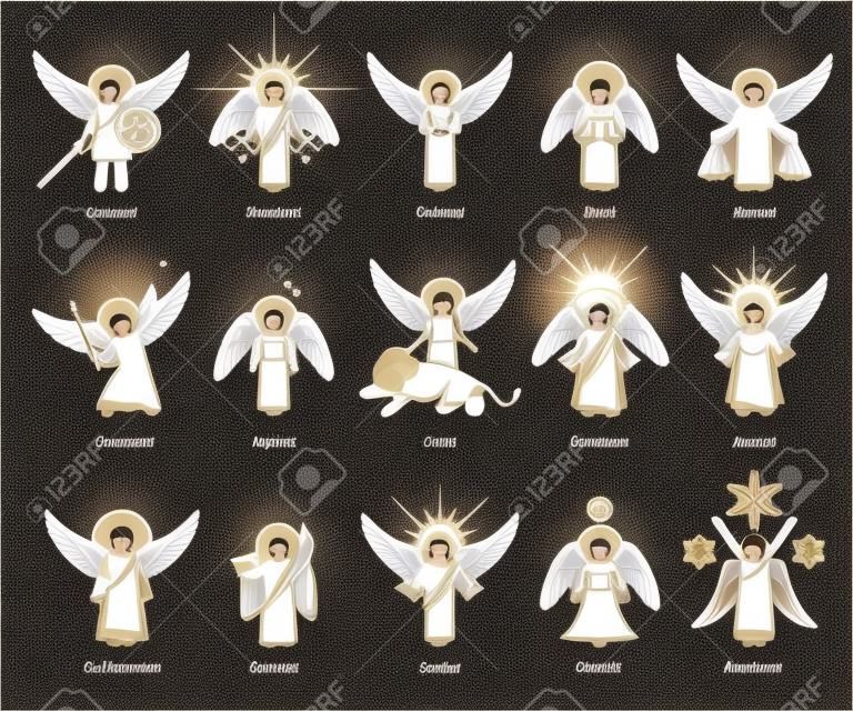 Arcanjos de Deus, anjos, querubins querubins e santos. Ilustrações vetoriais retratam a lista de arcanjos cristãos ou anjos do céu.