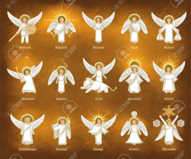 God aartsengelen, engelen, cherub cherubim en heilige. Vector illustraties afbeeldingen lijst van christelijke aartsengelen of engelen uit de hemel.