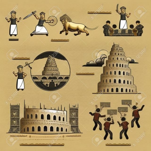 Nimrod and Tower of Babel bible biblical story. Vector illustrations depict King Nimrod as a mighty hunter, and rebel against God by building the Tower of Babel.