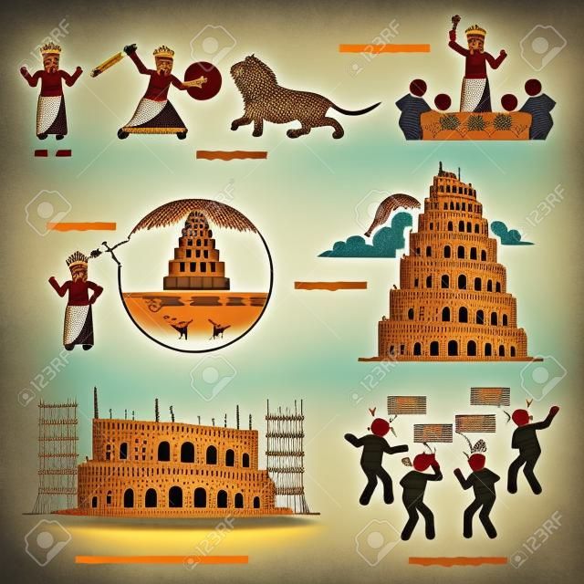 Nimrod e la storia biblica della Torre di Babele. Le illustrazioni vettoriali raffigurano il re Nimrod come un potente cacciatore e si ribellano a Dio costruendo la Torre di Babele.
