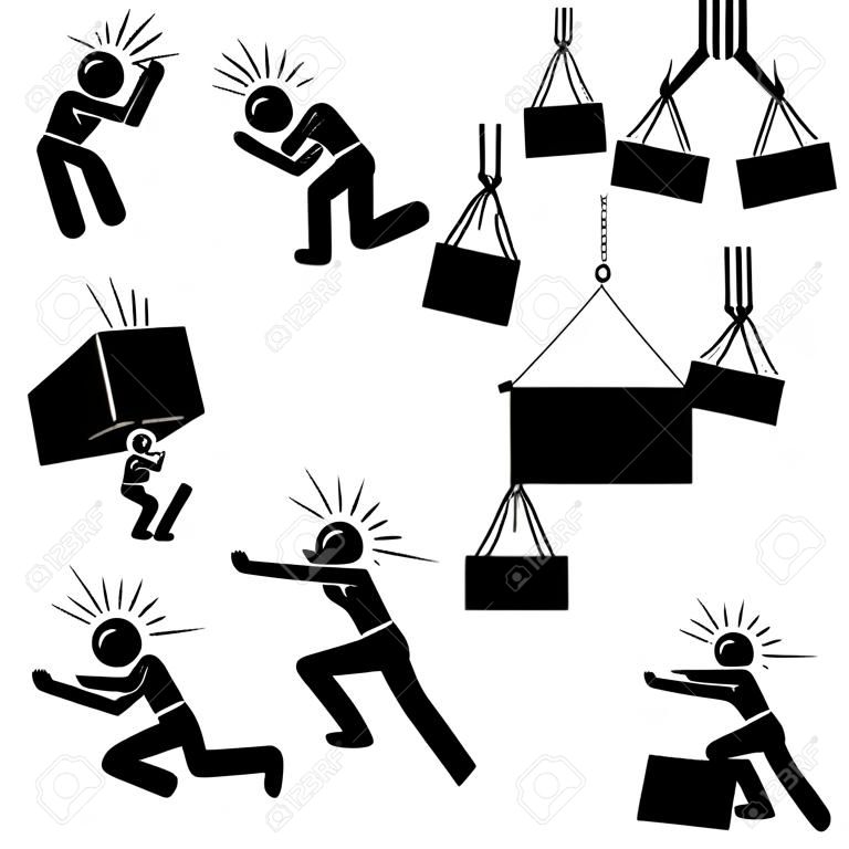 Warning sign, danger risk symbol, and safety precaution at workplace. Vector illustrations pictogram of manual handling, dangerous object things falling from above and dropping boxes hazard.