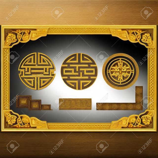Conjunto de elementos de design oriental (quadro, borda, nó, ornamento)