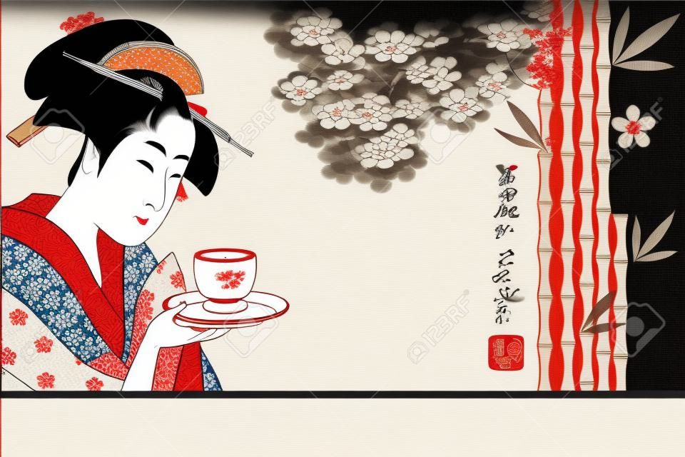日本藝妓 - 傳統藝術風格的插圖