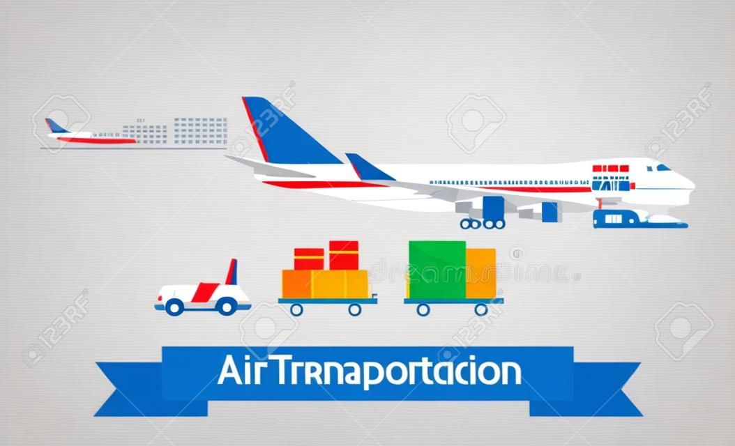 Trasporto aereo di concetto di trasporto. Appartamento stile illustrazione. Concetto di logistica. Può essere utilizzato come -pictogram, icona, elemento infografica. Illustrazione vettoriale.