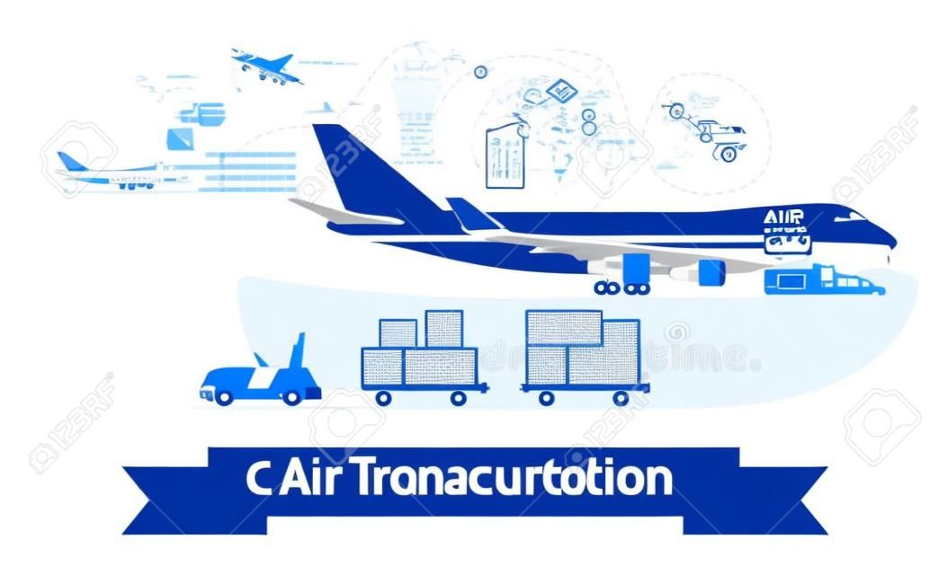 Trasporto aereo di concetto di trasporto. Appartamento stile illustrazione. Concetto di logistica. Può essere utilizzato come -pictogram, icona, elemento infografica. Illustrazione vettoriale.
