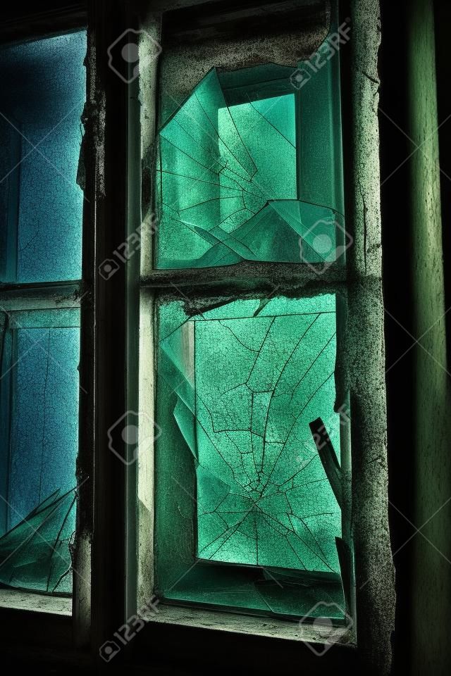 Broken glass in the windows of an old abandoned mystical house. A horror picture of broken window glass. Gloomy interior, depressive background for the design of tragedy, horror, Halloween