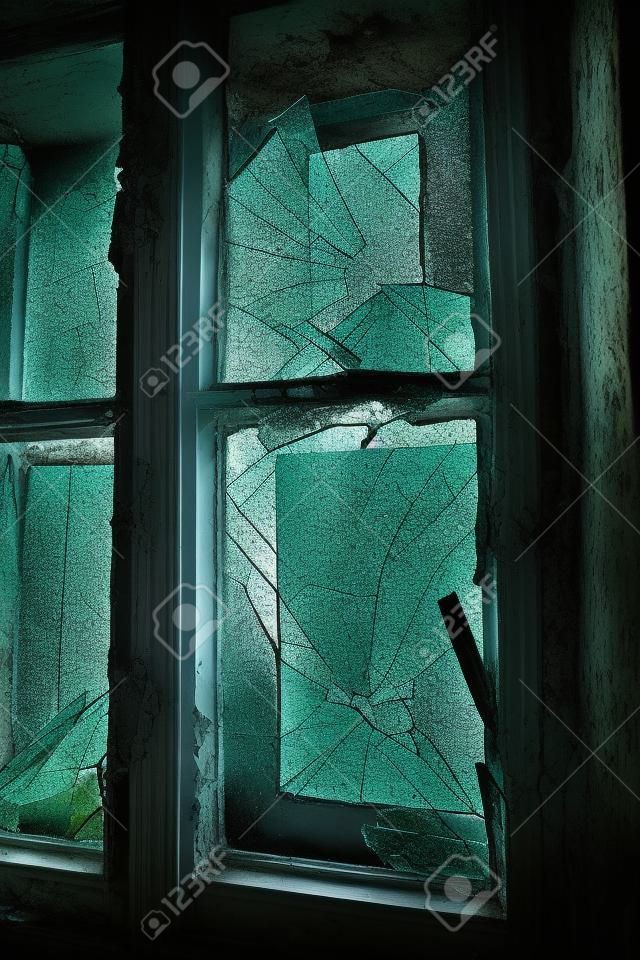 Broken glass in the windows of an old abandoned mystical house. A horror picture of broken window glass. Gloomy interior, depressive background for the design of tragedy, horror, Halloween
